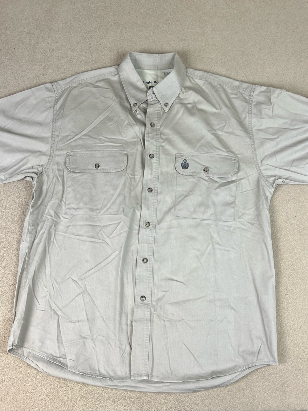 Bugle Boy Button Down Shirt, Short Sleeve. Khaki, 100% Cotton. Men's Sz L